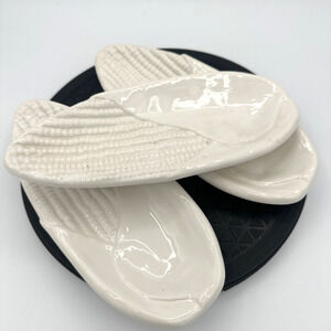 Vtg Set 3 Elpa Alcobaca Majolica White Corn Husk Leaf Dish Portugal EUC